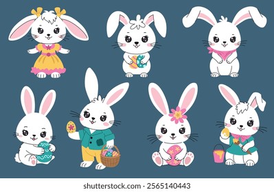 Cute Easter Bunnies Set. Collection of Easter rabbits with eggs, accessories and clothes, basket of eggs. Bunnies holding and painting eggs for cards, banners and other designs. Cute characters.