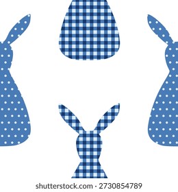 Cute Easter bunnies silhouette with checkered and dots seamless pattern Hand drawn vector illustration. For Easter and seasonal designs, greeting cards and magazines, garden goods, nature clip arts.