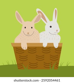 Cute Easter bunnies sits in a basket 