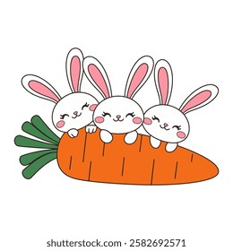 Cute Easter Bunnies Sitting on a Large Carrot Illustration