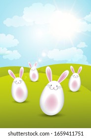 Cute Easter bunnies in a sunny landscape