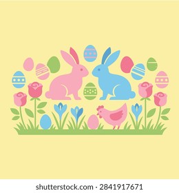 Cute Easter bunnies surrounded by colorful eggs and flowers