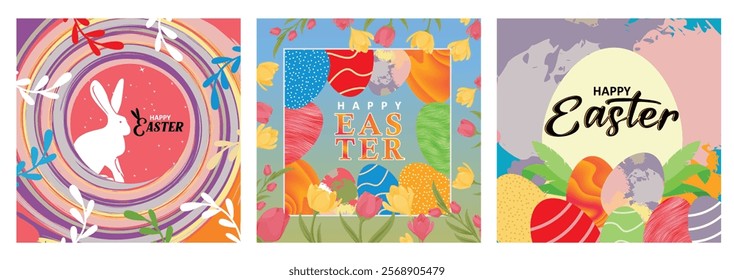 Cute Easter bunnies. Traditional spring religious celebration. Happy Easter with colorful eggs. Easter 2025 concept. Set flat vector illustration.