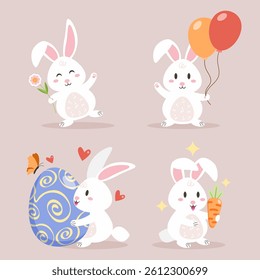 Cute Easter bunnies vector illustration set. Happy rabbits with flowers, balloons, egg. Spring holiday design elements.