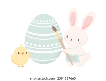 Cute Easter bunny in an apron with a painting brush and the chick standing next to Easter egg, isolated on a white background. Flat vector illustration