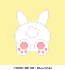 Cute Easter bunny from back view, isolated on yellow background. White easter bunny vector graphic illustration.