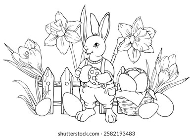 Cute Easter bunny with background coloring page for kids. Funny animal outline illustration. Spring flowers, funny rabbit, daffodils, easter eggs and other Easter elements.