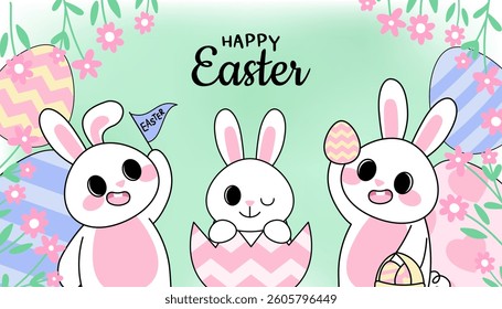 Cute Easter Bunny Banner Pastel Spring Rabbit and Egg Landscape Poster for Holiday.