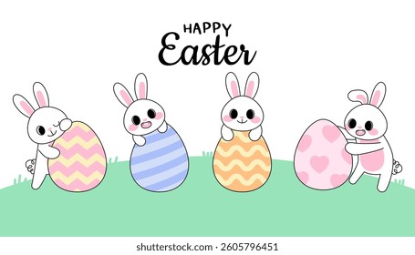Cute Easter Bunny Banner Pastel Spring Rabbit and Egg Landscape Poster for Holiday.