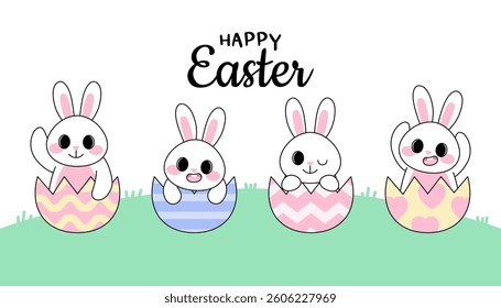 Cute Easter Bunny Banner Pastel Spring Rabbit and Egg Landscape Poster for Holiday.