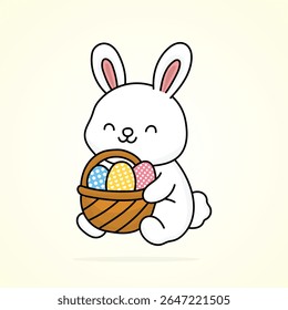 Cute Easter bunny with a basket of colorful eggs