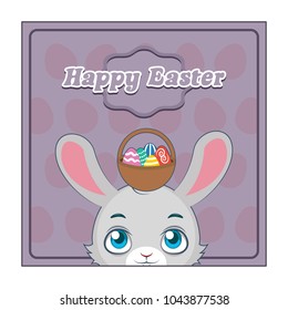 Cute Easter bunny and basket of eggs greeting