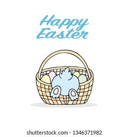 Cute easter bunny in a basket with eggs in pastel colors