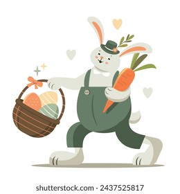 Cute Easter bunny with basket and easter eggs. Happy Easter card design, trendy simple style
