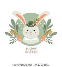 Cute Easter bunny with basket and easter eggs. Happy Easter card design, trendy simple style, light green color