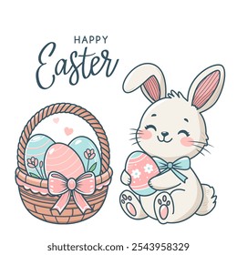 Cute easter bunny with easter basket and eggs. greeting card with hand lettering. vector isolated illustration