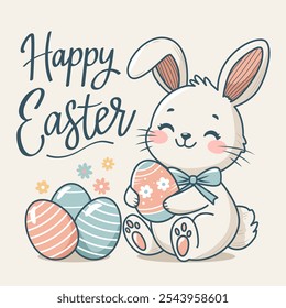Netter Osterhase mit Osterkorb und Eiern. Grußkarte mit Schriftzug. einzelne Vektorgrafik