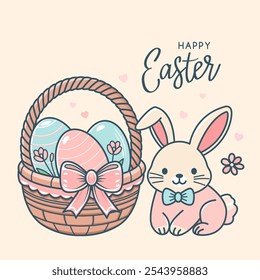 Cute easter bunny with easter basket and eggs. greeting card with hand lettering. vector isolated illustration