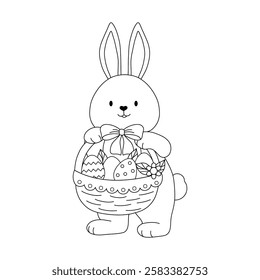 Cute Easter bunny with a basket of Easter eggs on white background