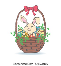 Cute Easter Bunny in basket with eggs for baby shower or easter card. Cartoon Rabbit isolated on white. Vector illustration