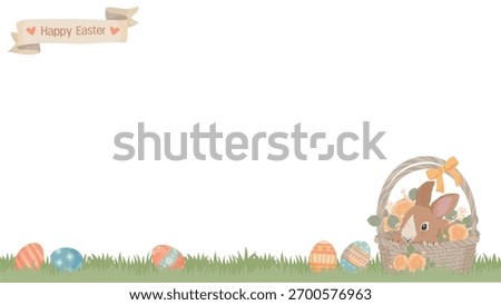 Cute Easter Bunny Basket and Easter Eggs Background with Blank Space