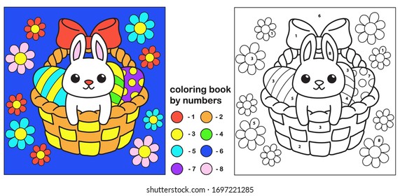 Cute easter bunny in a basket and floral vector coloring by numbers for children. Educational coloring game will increase your imagination. Increase concentration.