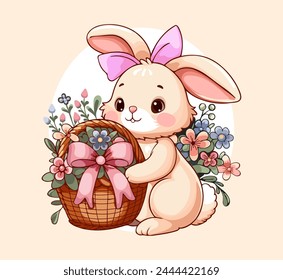 Cute Easter bunny with a basket of flowers and  pink bow. Cartoon drawing for greeting card, poster, postcard, birthday, easter. Vector illustration. 