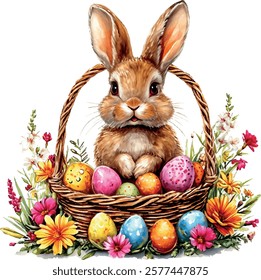 Cute Easter bunny in a basket with flowers