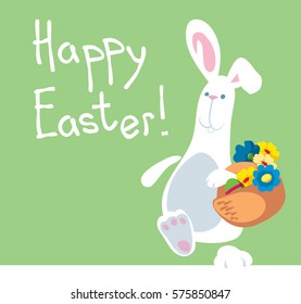 Cute Easter bunny with a basket of flowers and Easter eggs. Cartoon vector illustration
