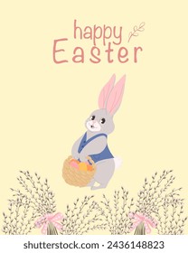 Cute Easter bunny with a basket full of eggs. Cartoon style. Isolated holiday design element. Happy Easter title. Pussy willow frame.