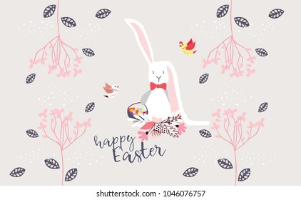 Cute Easter bunny with basket on floral background