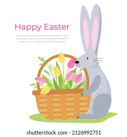 A cute Easter Bunny with a basket of tulips is sitting on the lawn. Easter card, poster with text.Hand drawn vector illustration isolated on white background