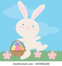 Cute Easter bunny with the basket vector cartoon illustration