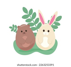 Cute Easter bunny and bear on white background