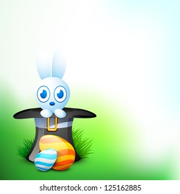 Cute Easter Bunny with beautiful painted Easter Eggs on grass, nature background. EPS 10.