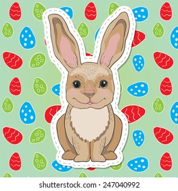 Cute easter bunny with big ears on decorative background with eggs