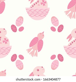 Cute Easter bunny, bird and eggs seamless vector pattern background. Folk art Scandinavian style baby animals spring symbols pink and white backdrop. Christian lent celebration all over print.