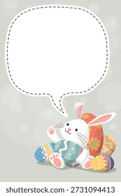 Cute Easter bunny with blank speech bubble have many decorated eggs arounded hand drawn style on gray background. Happy Easter greeting card, poster or banner vertical template.