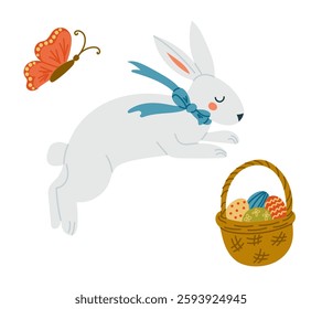 Cute Easter bunny with a blue bow jumping next to a basket of decorated eggs and a butterfly, illustrated in a flat style, perfect for holiday designs, greeting cards, and festive decorations