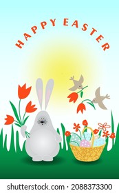 Cute Easter Bunny With Bouqet Of Flowers And Bascket With Easter Eggs. Greeting Card. Vector Illustration.