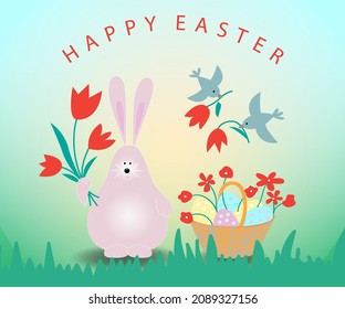 Cute Easter Bunny With Bouqet Of Flowers And Bascket With Easter Eggs. Greeting Card. Vector Illustration.