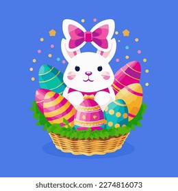 Cute Easter bunny with a bow in a basket with eggs. Vector illustration. Can be used for post cards, banners, stickers, make your won design.