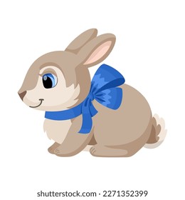 Cute Easter Bunny with a bow. Brown decorative rabbit sitting. Vector cartoon illustration of a rabbit for Easter and other design. Isolated on white background. Stock vector