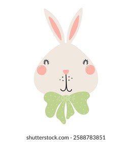 Cute Easter bunny with a bow character illustration. Hand drawn flat style design, isolated vector. Holiday clip art, seasonal card, banner, poster, kids print element