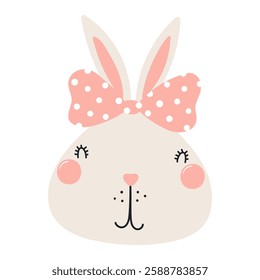 Cute Easter bunny with a bow character illustration. Hand drawn flat style design, isolated vector. Holiday clip art, seasonal card, banner, poster, kids print element