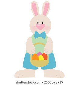 Cute Easter bunny boy with basket vector cartoon illustration