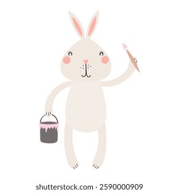 Cute Easter bunny with brush, bucket of paint character illustration. Hand drawn flat style design, isolated vector. Holiday clip art, kids print element, seasonal card, banner, poster