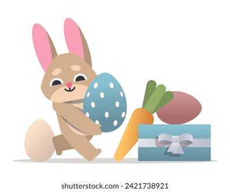Cute Easter bunny carries an egg on isolated background. Flat vector illustration