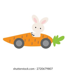 Conejito de Pascua lindo en la ilustración de dibujos animados de Vector de coche de zanahoria