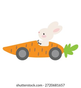 Conejito de Pascua lindo en la ilustración de dibujos animados de Vector de coche de zanahoria